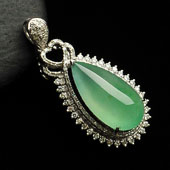 冰种绿晴水缅甸翡翠A货镶白金水滴胸坠（真钻）