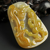 糯冰种褐黄翡缅甸翡翠A货龙凤呈祥挂件