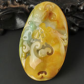 糯冰种黄加绿缅甸翡翠A货双龙如意挂件