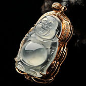 冰种无色缅甸翡翠A货镶玫瑰金站佛胸坠（真钻）