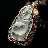 冰种无色缅甸翡翠A货镶玫瑰金站佛胸坠（真钻）