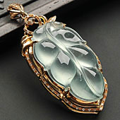 冰种淡晴水缅甸翡翠A货镶玫瑰金金枝玉叶胸坠（真钻）