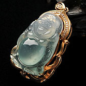 冰种晴水缅甸翡翠A货镶玫瑰金站佛胸坠（真钻）