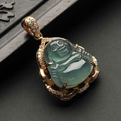 冰种晴水缅甸翡翠A货镶玫瑰金玉佛胸坠（真钻）