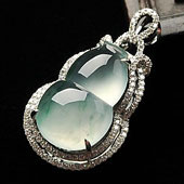 冰种飘花缅甸翡翠A货镶白金葫芦胸坠（真钻）
