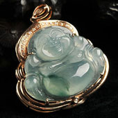 (超值推荐)冰种飘花缅甸翡翠A货镶玫瑰金玉佛胸坠（真钻）