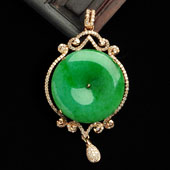 糯冰种翠色缅甸翡翠A货镶玫瑰金平安扣胸坠（真钻）