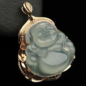 冰种晴水缅甸翡翠A货镶玫瑰金玉佛胸坠（真钻）