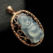 冰种淡晴水缅甸翡翠A货镶玫瑰金站佛胸坠（真钻）