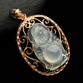 冰种无色缅甸翡翠A货镶玫瑰金站佛胸坠（真钻）