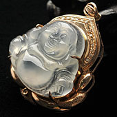 冰种无色缅甸翡翠A货镶玫瑰金玉佛胸坠（真钻）