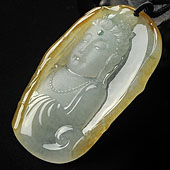 冰种褐黄翡略飘花缅甸翡翠A货观音头挂件
