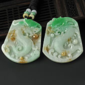 冰种黄加绿缅甸翡翠A货龙牌挂件（一对）