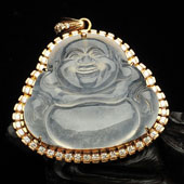 冰玻种无色缅甸翡翠A货镶玫瑰金玉佛胸坠（真钻）