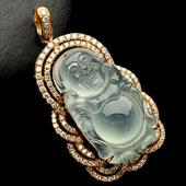 冰种略飘花缅甸翡翠A货镶玫瑰金站佛胸坠（真钻）
