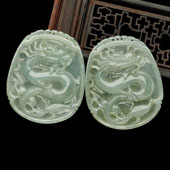 冰种晴水缅甸翡翠A货龙牌挂件（一对）