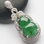 冰种飘翠缅甸翡翠A货镶白金葫芦胸坠（真钻）