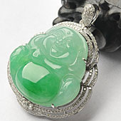 冰种翠色缅甸翡翠A货镶白金玉佛胸坠（真钻）