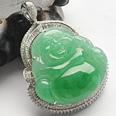 冰种翠色缅甸翡翠A货镶白金玉佛胸坠（真钻）