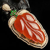 冰种红黄翡缅甸翡翠A货镶玫瑰金金枝玉叶胸坠（真钻）