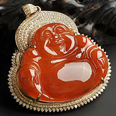 冰种红黄翡缅甸翡翠A货镶玫瑰金玉佛胸坠（真钻）