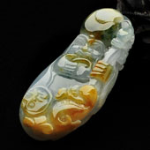 糯冰种褐黄翡飘花缅甸翡翠A货寿星挂件