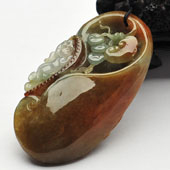 糯冰种褐红黄翡缅甸翡翠A货福寿如意挂件