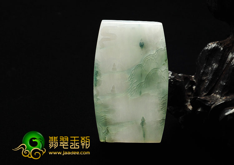 糯冰种白底飘花缅甸翡翠A货山水牌挂件