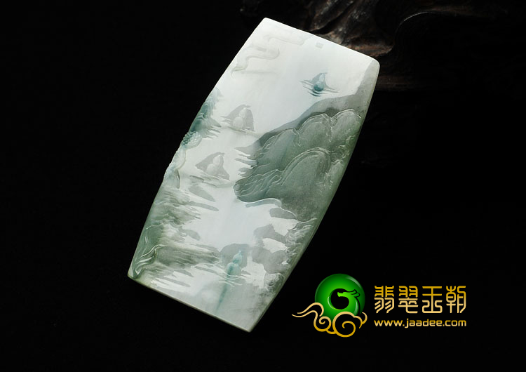糯冰种白底飘花缅甸翡翠A货山水牌挂件