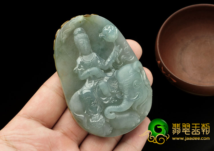 冰种晴水黄翡缅甸翡翠A货普贤菩萨挂件