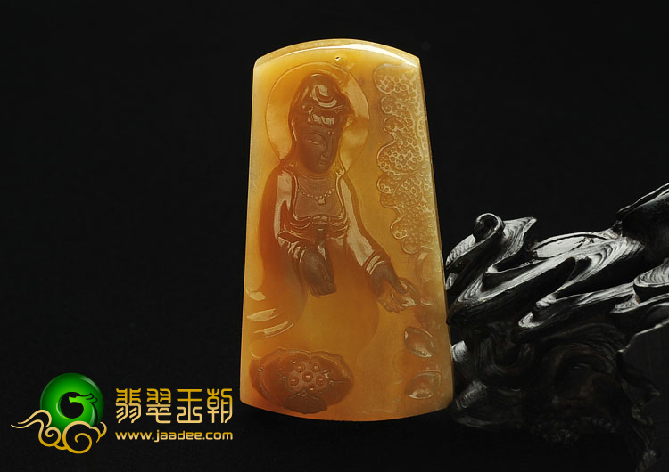 糯冰种黄翡缅甸翡翠A货站观音挂件