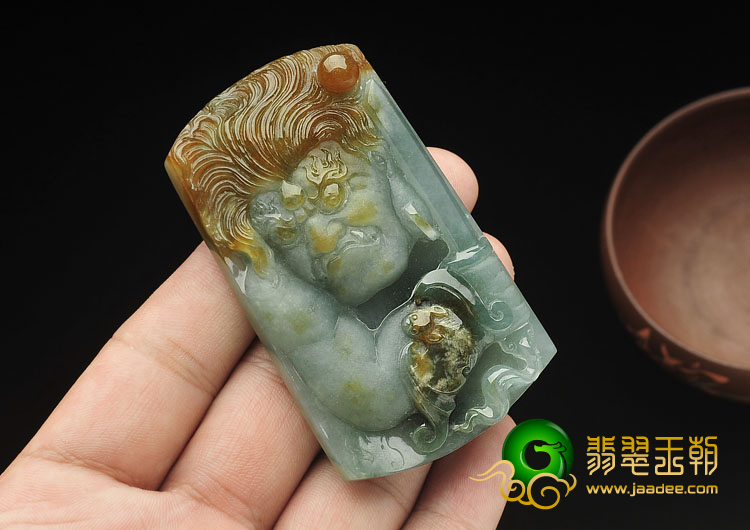 糯冰种晴水褐黄翡缅甸翡翠A货罗汉头挂件