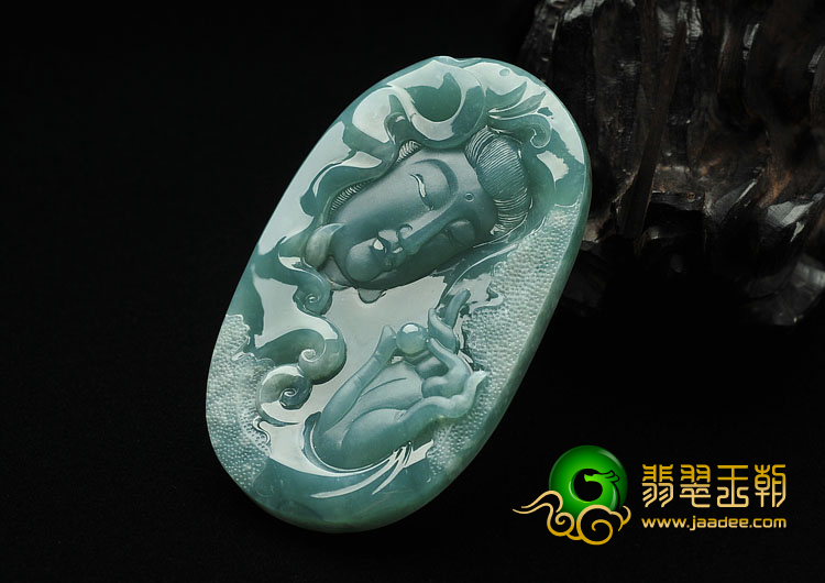 冰种蓝水缅甸翡翠A货观音头挂件