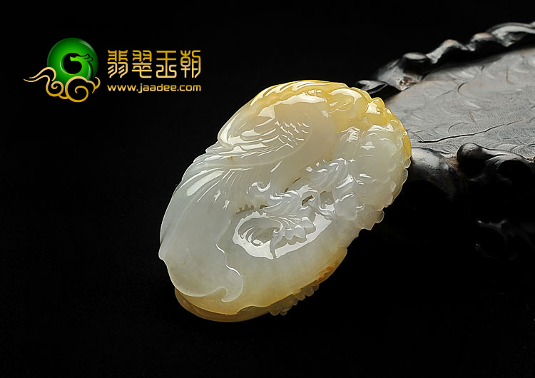 糯冰种黄翡缅甸翡翠A货凤戏牡丹挂件