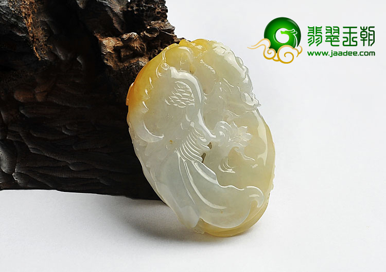 糯冰种黄翡缅甸翡翠A货凤戏牡丹挂件