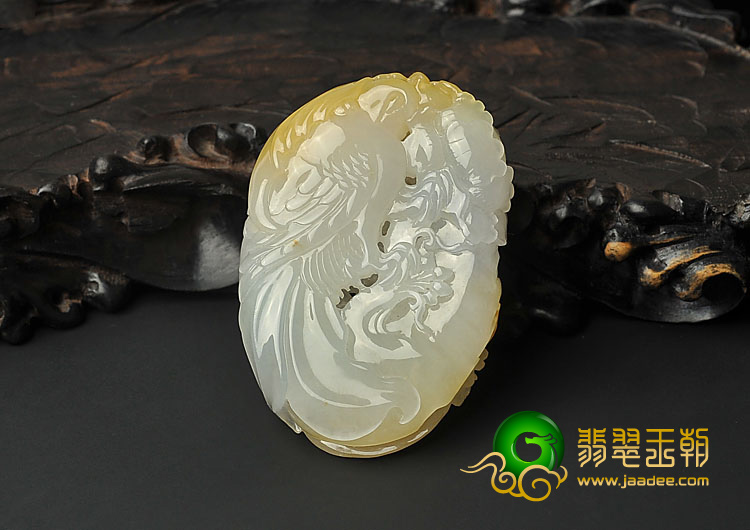 糯冰种黄翡缅甸翡翠A货凤戏牡丹挂件