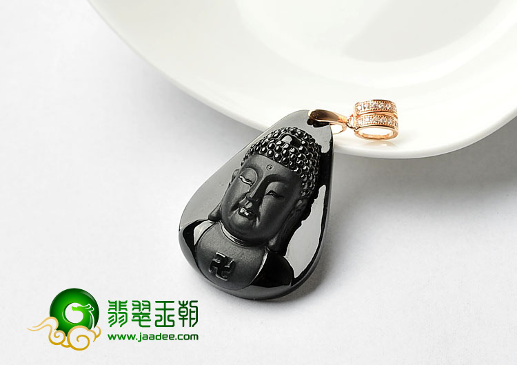 糯冰种墨翠缅甸翡翠A货释迦牟尼头挂件