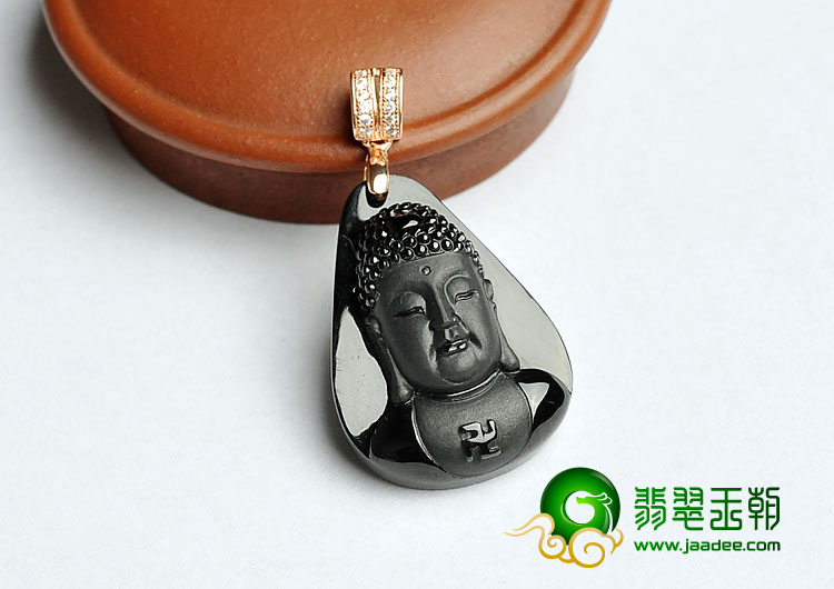 糯冰种墨翠缅甸翡翠A货释迦牟尼头挂件
