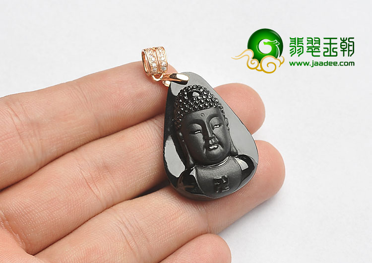 糯冰种墨翠缅甸翡翠A货释迦牟尼头挂件