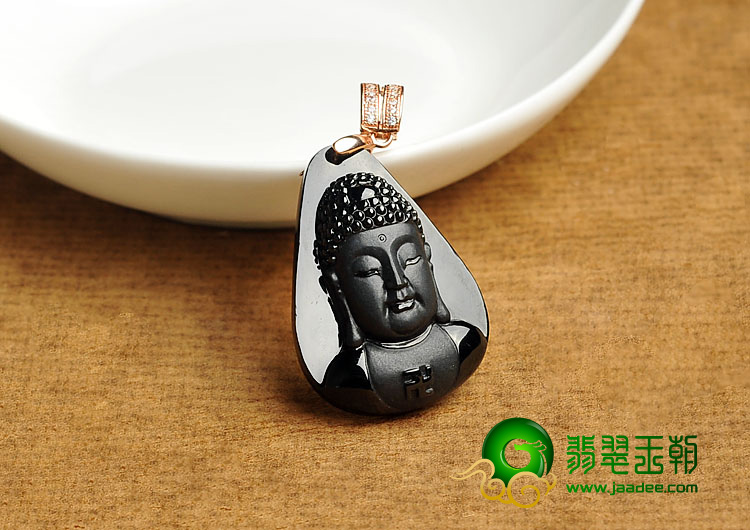糯冰种墨翠缅甸翡翠A货释迦牟尼头挂件