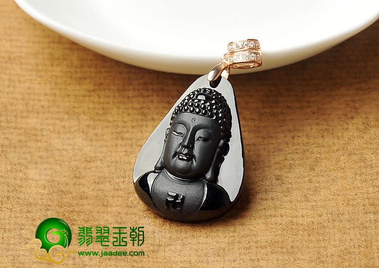 糯冰种墨翠缅甸翡翠A货释迦牟尼头挂件