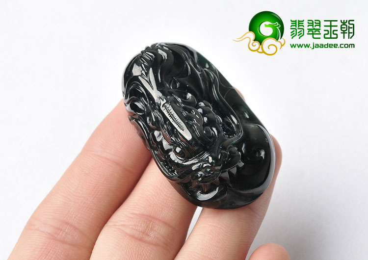 冰种墨翠缅甸翡翠A货龙头挂件
