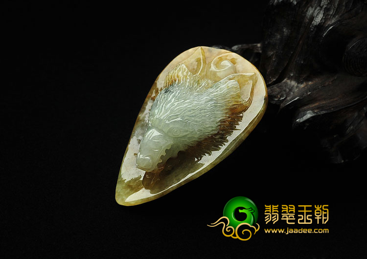 糯冰种褐黄翡略飘花缅甸翡翠A货狼首挂件