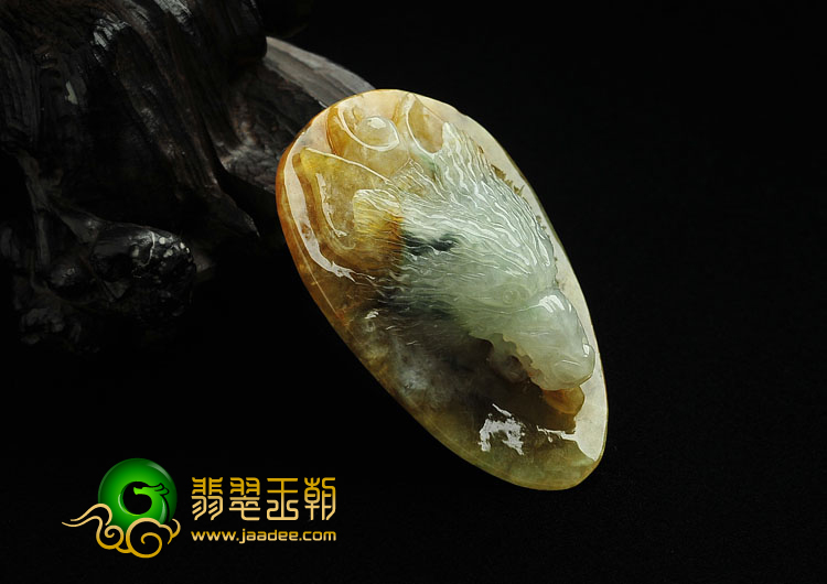 糯冰种褐黄翡略飘花缅甸翡翠A货狼首挂件