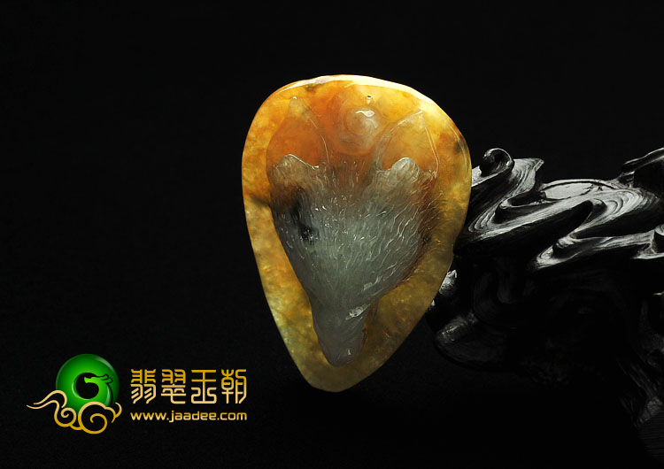 糯冰种褐黄翡略飘花缅甸翡翠A货狼首挂件
