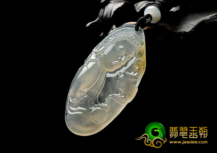 冰玻种淡黄翡缅甸翡翠A货释迦牟尼头挂件