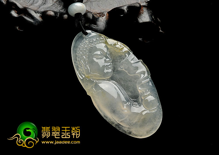 冰玻种淡黄翡缅甸翡翠A货释迦牟尼头挂件