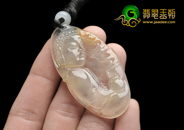 冰玻种淡黄翡缅甸翡翠A货释迦牟尼头挂件