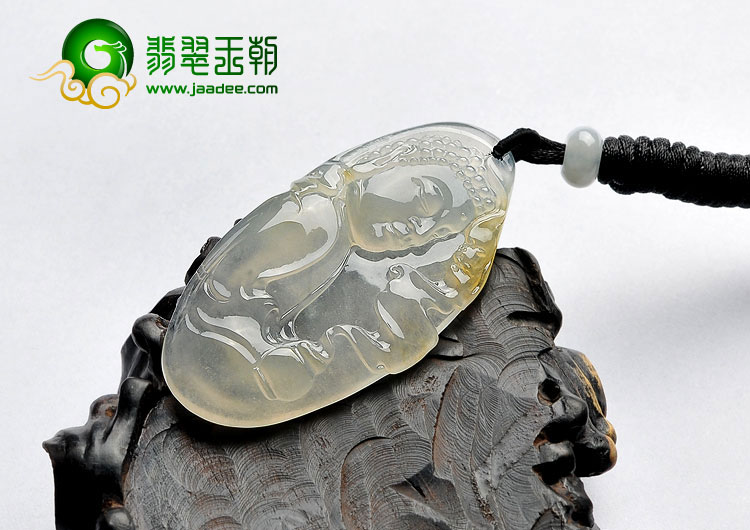 冰玻种淡黄翡缅甸翡翠A货释迦牟尼头挂件