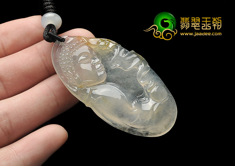 冰玻种淡黄翡缅甸翡翠A货释迦牟尼头挂件